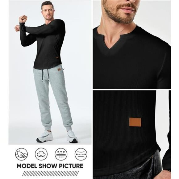 JMIERR Mens V Neck Long Sleeve Muscle Shirt Ribbed Tee Casual Slim Fit - Picture 5 of 7